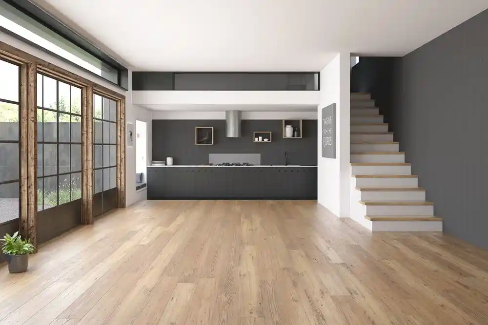 blog (119) Geniş pencereli, ahşap zeminli modern bir açık plan mutfak ve merdiven