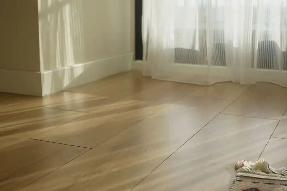 Güneş ışığı alan, perdeli pencereleri ve köşesinde halı bulunan boş bir oda