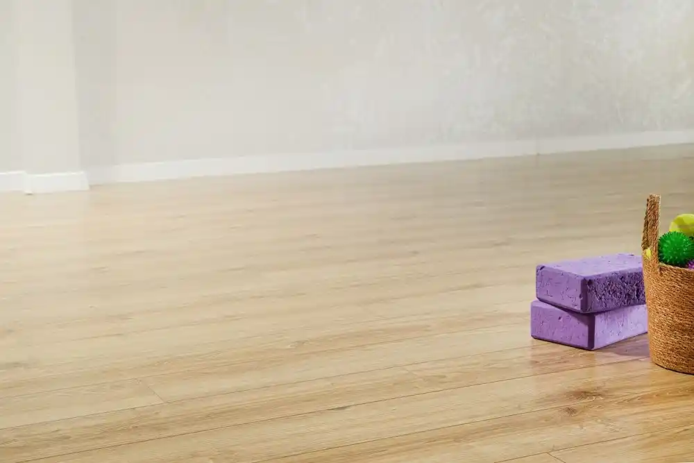 blog (219) Mor renkli iki yoga bloğu ve yanında kaktüs bulunan sepet, ahşap zeminin üzerinde